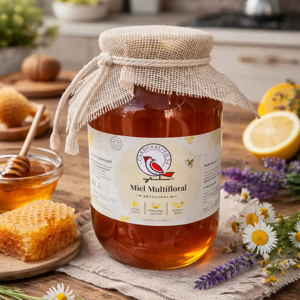 Frasco del Miel multifloral Cardenalito 5D con miel y flores alrededor