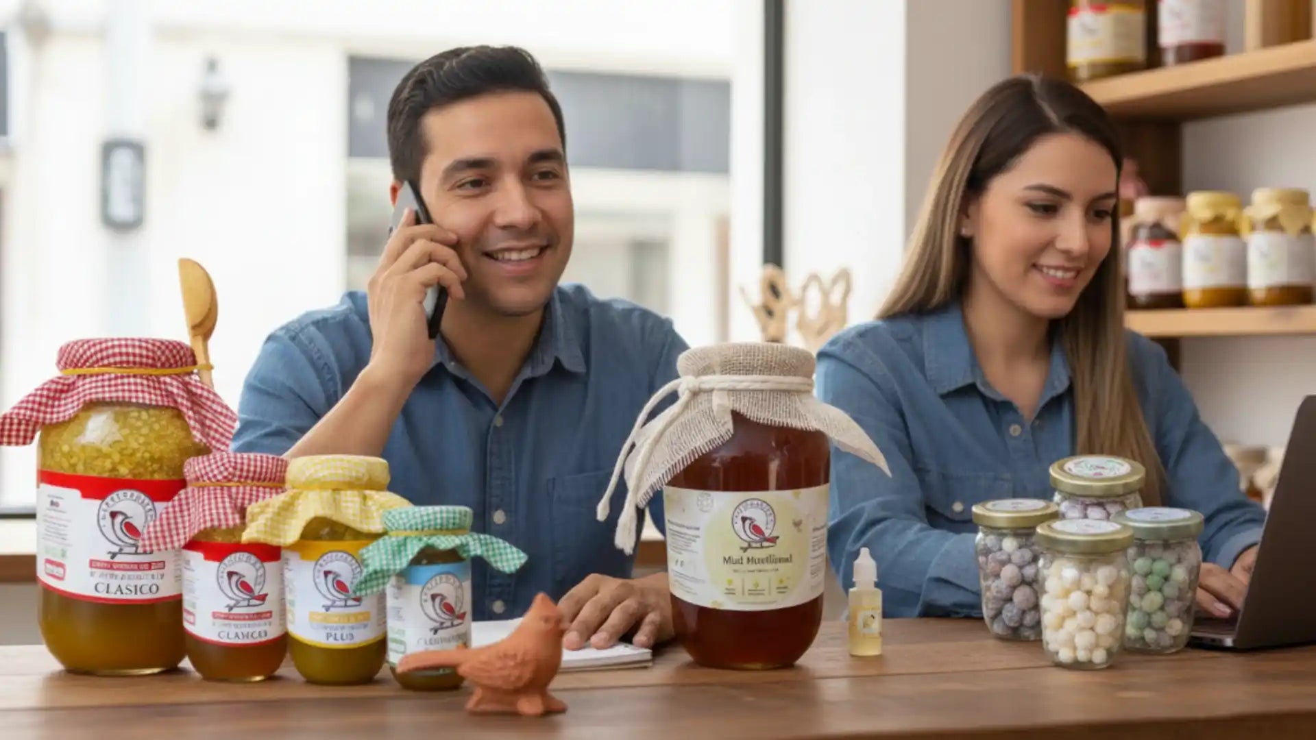 Equipo de atención al cliente de Cardenalito 5D resolviendo dudas por teléfono y computadora en un taller artesanal con estantes de miel y productos naturales.