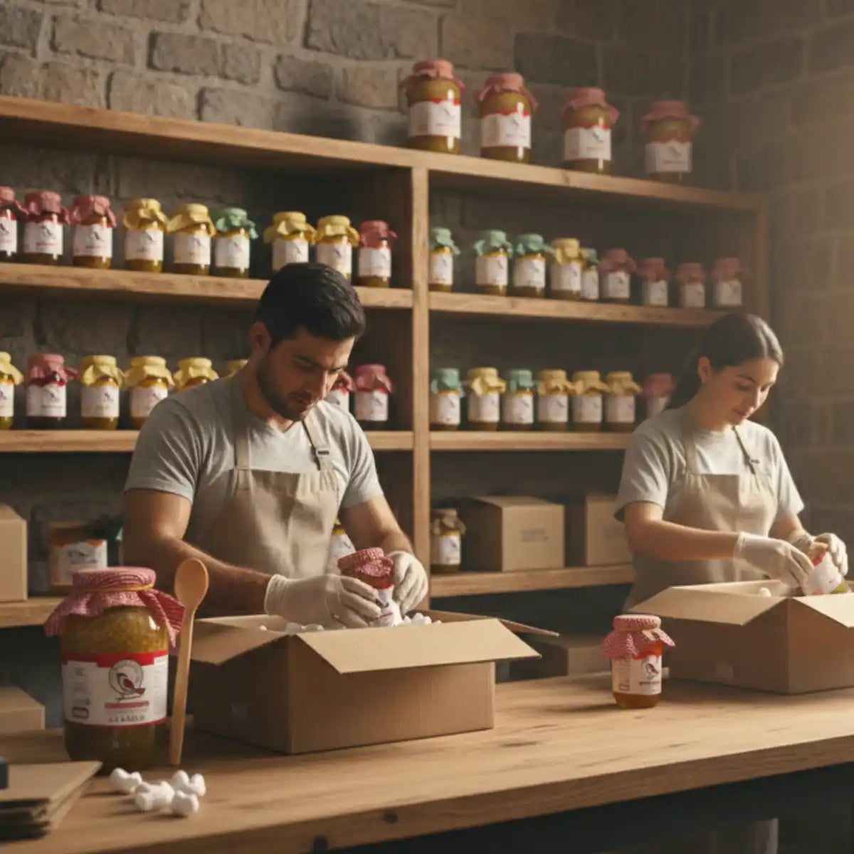 Personal de Cardenalito 5D empacando cuidadosamente frascos de miel y concentdos artesanal en cajas de cartón con material de protección, con estanterías llenas de producto al fondo de un taller rústico