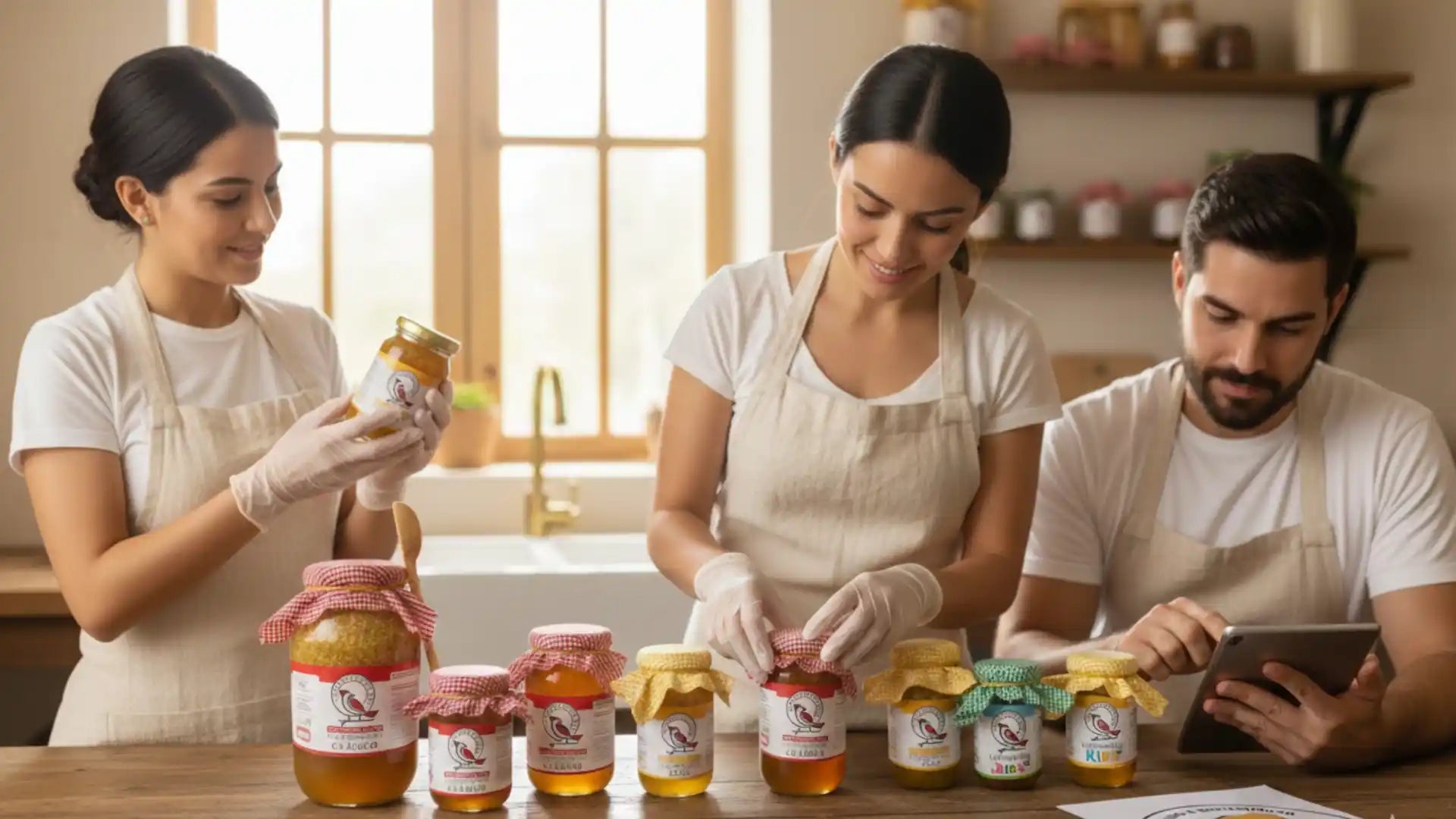 Equipo artesanal de Cardenalito 5D revisando cuidadosamente los sellos de seguridad de los frascos de miel en un taller iluminado para garantizar la política de no devoluciones