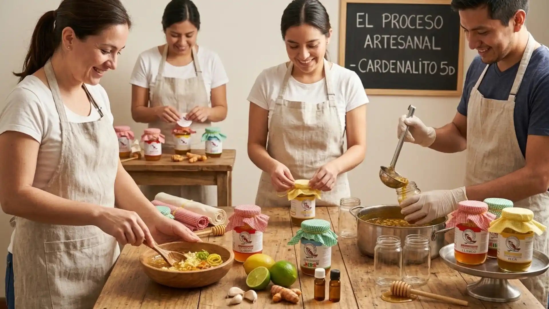 Cuatro personas trabajando en un taller rústico preparando concentrados artesanales Cardenalito 5d; se observa el envasado de miel con trozos de ajo, limón y cúrcuma en una mesa de madera con ingredientes naturales y un pizarrón al fondo